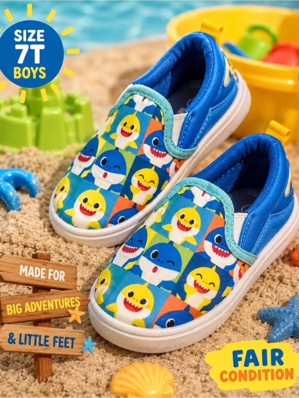 🦈 Pinkfong Baby Shark Slip-On Shoes Boys 7T | Fair Condition | Play Shoes
